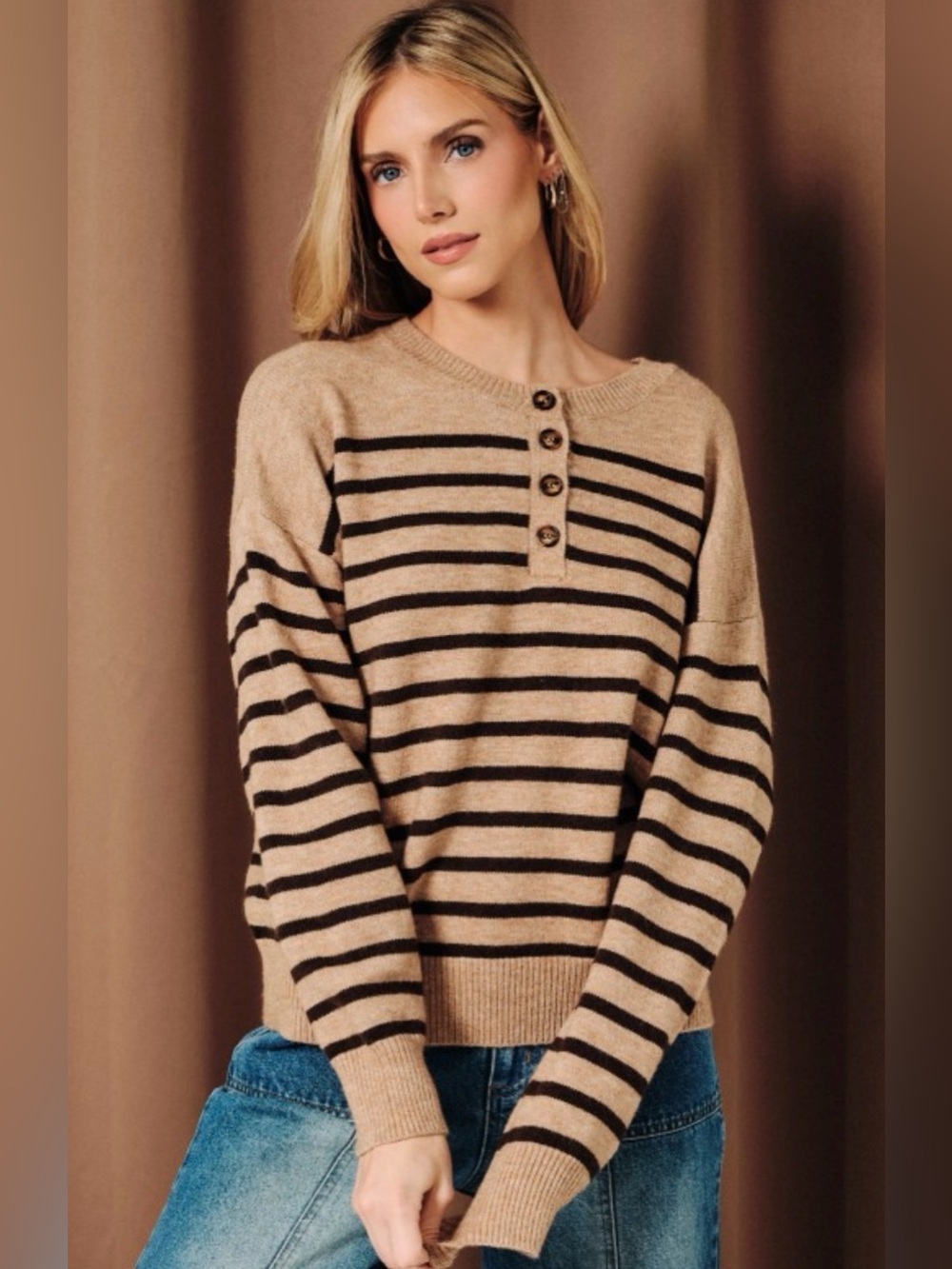 Striped Button-Front Knit Pullover - Beige/Black